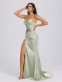 Sheath Sweetheart Pleated Sweep Train Silk Like Satin Corset Bridesmaid Dress