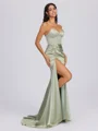 Sheath Sweetheart Pleated Sweep Train Silk Like Satin Corset Bridesmaid Dress