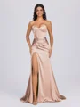 Sheath Sweetheart Pleated Sweep Train Silk Like Satin Corset Bridesmaid Dress