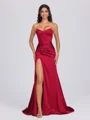 Sheath Sweetheart Pleated Sweep Train Silk Like Satin Corset Bridesmaid Dress