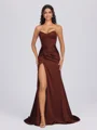 Sheath Sweetheart Pleated Sweep Train Silk Like Satin Corset Bridesmaid Dress