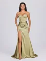 Sheath Sweetheart Pleated Sweep Train Silk Like Satin Corset Bridesmaid Dress