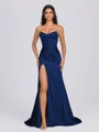 Sheath Sweetheart Pleated Sweep Train Silk Like Satin Corset Bridesmaid Dress