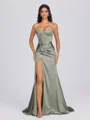 Sheath Sweetheart Pleated Sweep Train Silk Like Satin Corset Bridesmaid Dress
