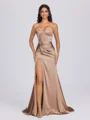 Sheath Sweetheart Pleated Sweep Train Silk Like Satin Corset Bridesmaid Dress