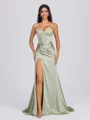 Sheath Sweetheart Pleated Sweep Train Silk Like Satin Corset Bridesmaid Dress