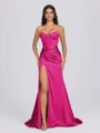 Sheath Sweetheart Pleated Sweep Train Silk Like Satin Corset Bridesmaid Dress