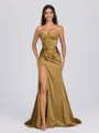 Sheath Sweetheart Pleated Sweep Train Silk Like Satin Corset Bridesmaid Dress