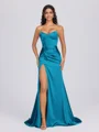 Sheath Sweetheart Pleated Sweep Train Silk Like Satin Corset Bridesmaid Dress