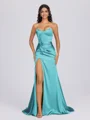 Sheath Sweetheart Pleated Sweep Train Silk Like Satin Corset Bridesmaid Dress
