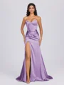 Sheath Sweetheart Pleated Sweep Train Silk Like Satin Corset Bridesmaid Dress