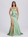 Sheath Sweetheart Pleated Sweep Train Silk Like Satin Corset Bridesmaid Dress