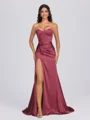 Sheath Sweetheart Pleated Sweep Train Silk Like Satin Corset Bridesmaid Dress