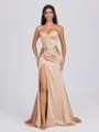 Sheath Sweetheart Pleated Sweep Train Silk Like Satin Corset Bridesmaid Dress