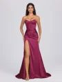 Sheath Sweetheart Pleated Sweep Train Silk Like Satin Corset Bridesmaid Dress