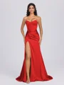 Sheath Sweetheart Pleated Sweep Train Silk Like Satin Corset Bridesmaid Dress