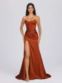 Sheath Sweetheart Pleated Sweep Train Silk Like Satin Corset Bridesmaid Dress