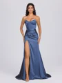 Sheath Sweetheart Pleated Sweep Train Silk Like Satin Corset Bridesmaid Dress
