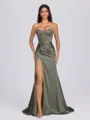 Sheath Sweetheart Pleated Sweep Train Silk Like Satin Corset Bridesmaid Dress
