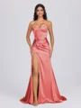 Sheath Sweetheart Pleated Sweep Train Silk Like Satin Corset Bridesmaid Dress