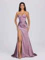 Sheath Sweetheart Pleated Sweep Train Silk Like Satin Corset Bridesmaid Dress