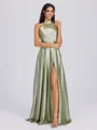A-line Halter Bow Floor-Length Silk Like Satin Bridesmaid Dress