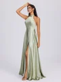 A-line Halter Bow Floor-Length Silk Like Satin Bridesmaid Dress