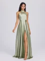 A-line Halter Bow Floor-Length Silk Like Satin Bridesmaid Dress