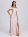 Sheath One-Shoulder Pleated Floor-Length Silk Like Satin Bridesmaid Dress