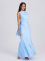 Sheath Scoop Pleated Floor-Length Charmeuse Bridesmaid Dress