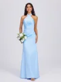 Sheath Halter Pleated Floor-Length Charmeuse Bridesmaid Dress