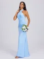 Sheath Halter Pleated Floor-Length Charmeuse Bridesmaid Dress
