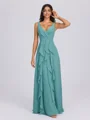 A-line V-neck Ruffles Floor-Length Chiffon Bridesmaid Dress