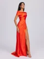 Sheath Scoop Pleated Sweep Train Silk Like Satin Bridesmaid Dress