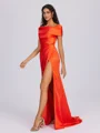 Sheath Scoop Pleated Sweep Train Silk Like Satin Bridesmaid Dress