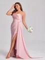 Sheath One-Shoulder Pleated Floor-Length NS Elastic Woven Satin Corset Plus Size Bridesmaid Dress