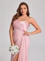 Sheath One-Shoulder Pleated Floor-Length NS Elastic Woven Satin Corset Plus Size Bridesmaid Dress