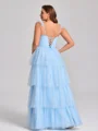 A-line Straps Cascading Ruffles Floor-Length Tulle Corset Plus Size Bridesmaid Dress