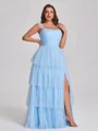 A-line Straps Cascading Ruffles Floor-Length Tulle Corset Plus Size Bridesmaid Dress