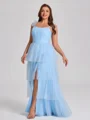 A-line Straps Cascading Ruffles Floor-Length Tulle Corset Plus Size Bridesmaid Dress