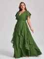 A-line V-neck Short Sleeves Ruffles Floor-Length Chiffon Corset Plus Size Bridesmaid Dress