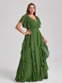 A-line V-neck Short Sleeves Ruffles Floor-Length Chiffon Corset Plus Size Bridesmaid Dress