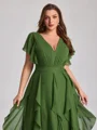 A-line V-neck Short Sleeves Ruffles Floor-Length Chiffon Corset Plus Size Bridesmaid Dress