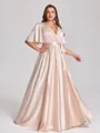 A-line V-neck Short Sleeves Sash/Ribbon/Belt Floor-Length Silk Like Satin Corset Plus Size Bridesmaid Dress