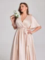 A-line V-neck Short Sleeves Sash/Ribbon/Belt Floor-Length Silk Like Satin Corset Plus Size Bridesmaid Dress