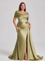 Sheath Off-the-Shoulder Pleated Court Train Silk Like Satin Corset Plus Size Bridesmaid Dress