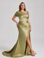 Sheath Off-the-Shoulder Pleated Court Train Silk Like Satin Corset Plus Size Bridesmaid Dress