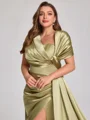 Sheath Off-the-Shoulder Pleated Court Train Silk Like Satin Corset Plus Size Bridesmaid Dress