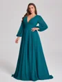 A-line V-neck Long Sleeves Pleated Sweep Train Chiffon Corset Plus Size Bridesmaid Dress