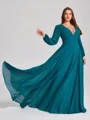 A-line V-neck Long Sleeves Pleated Sweep Train Chiffon Corset Plus Size Bridesmaid Dress